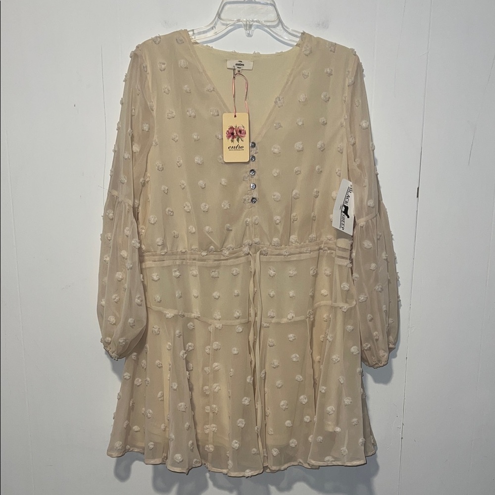 Entro Babydoll Beige Dot Textured Mini Dress With Waist Tie 0312261